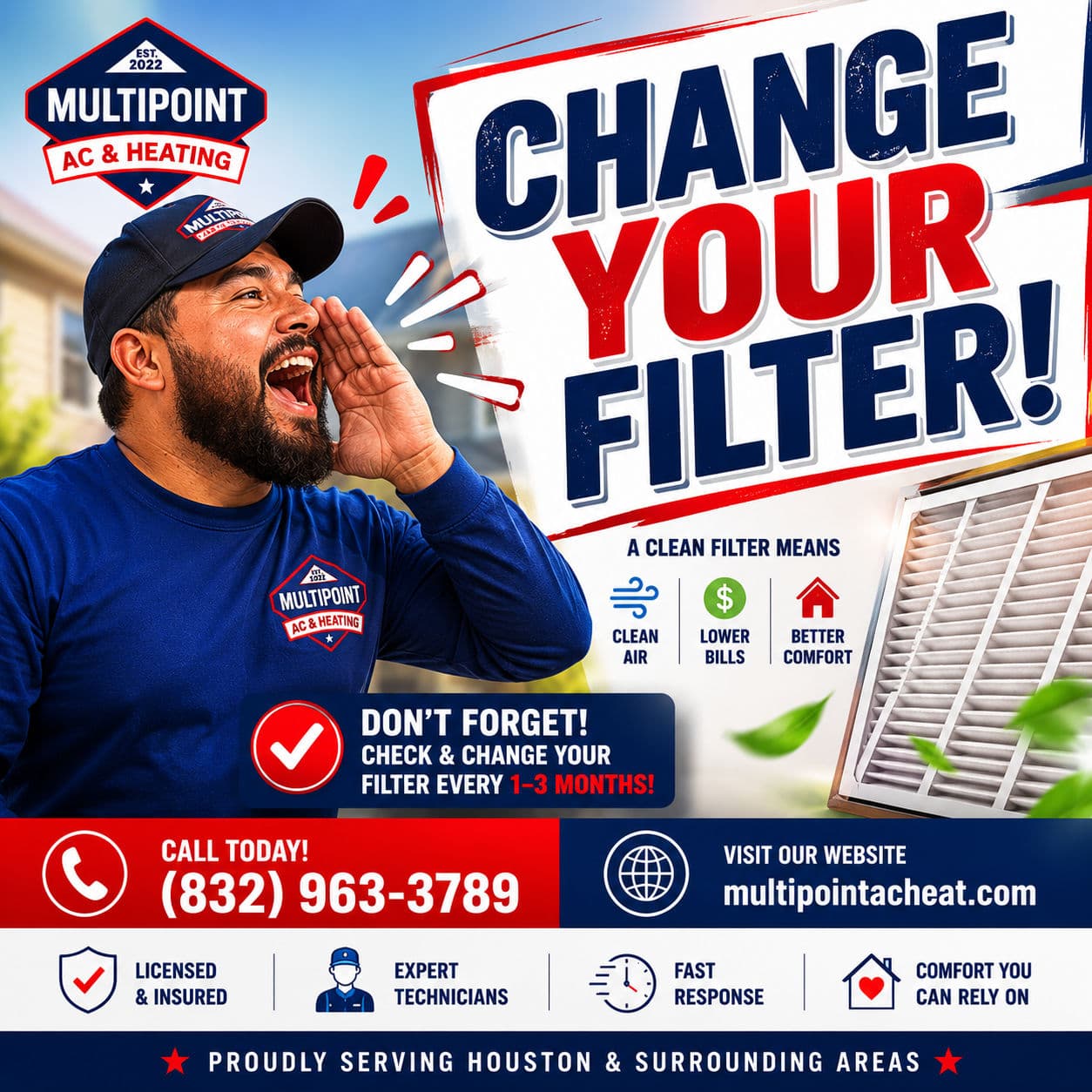 Blog post Change or clean your filter every 1 to 3 months. If you have pets or allergies, check it monthly. A dirty filter chokes your system and wastes energy. image